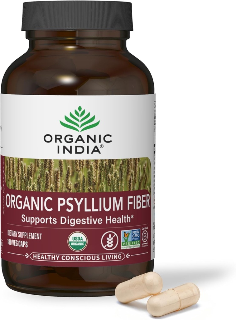 ORGANIC INDIA Psyllium Husk Capsules - Suplemento de fibra, Eliminación saludable - Vegan, Keto, Libre de gluten, USDA Certified Organic, Non-GMO, Soluble & Insoluble Fuente de fibra - 180 Cuenta (Pack of 2)