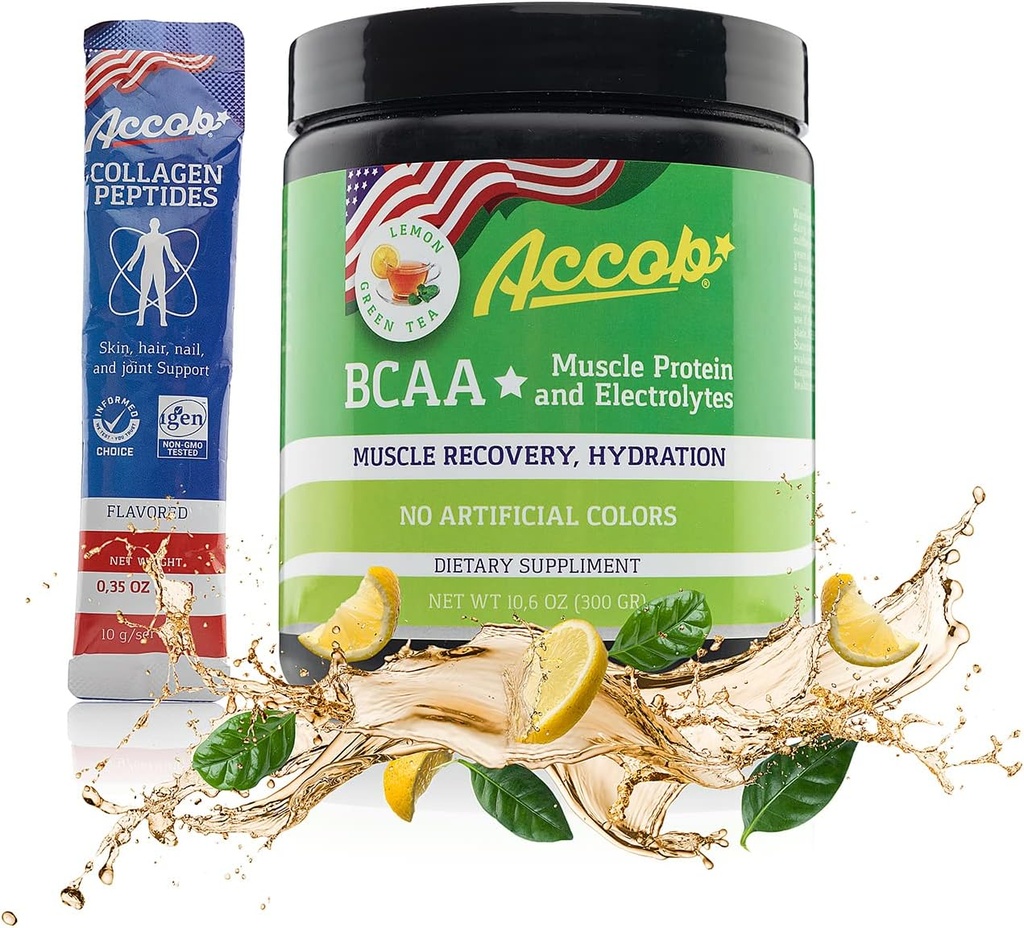 BCAA Powder Lemon Green Tea-Pre o Post Workout,Muscle Recovery Drink with Amino Acids + Electrolytes,7,2g BCCAs for Men and Women-30 Servings +10g of Collagen Peptides
