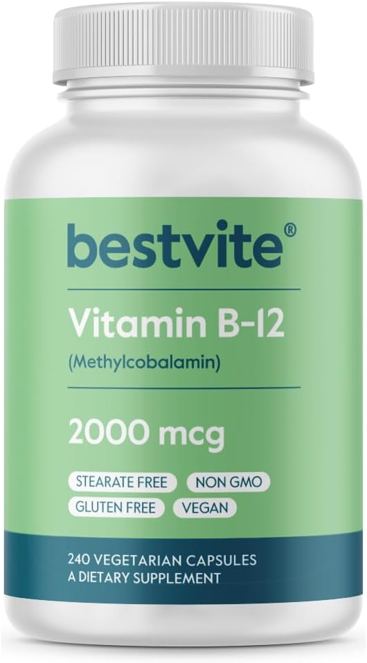 BestVITE Vitamina B12 (Methylcobalamin) 2000mcg (240 cápsulas vegetarianas) (Metil B12) - Sin estearatos - Vegan - No GMO - Gluten Free