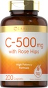 Carlyle Vitamina C con Rose HIPS 500mg tención 200 Caplets  durable High Potency Formula ¦ Vegetarian, Non-GMO y Gluten Free Supplement