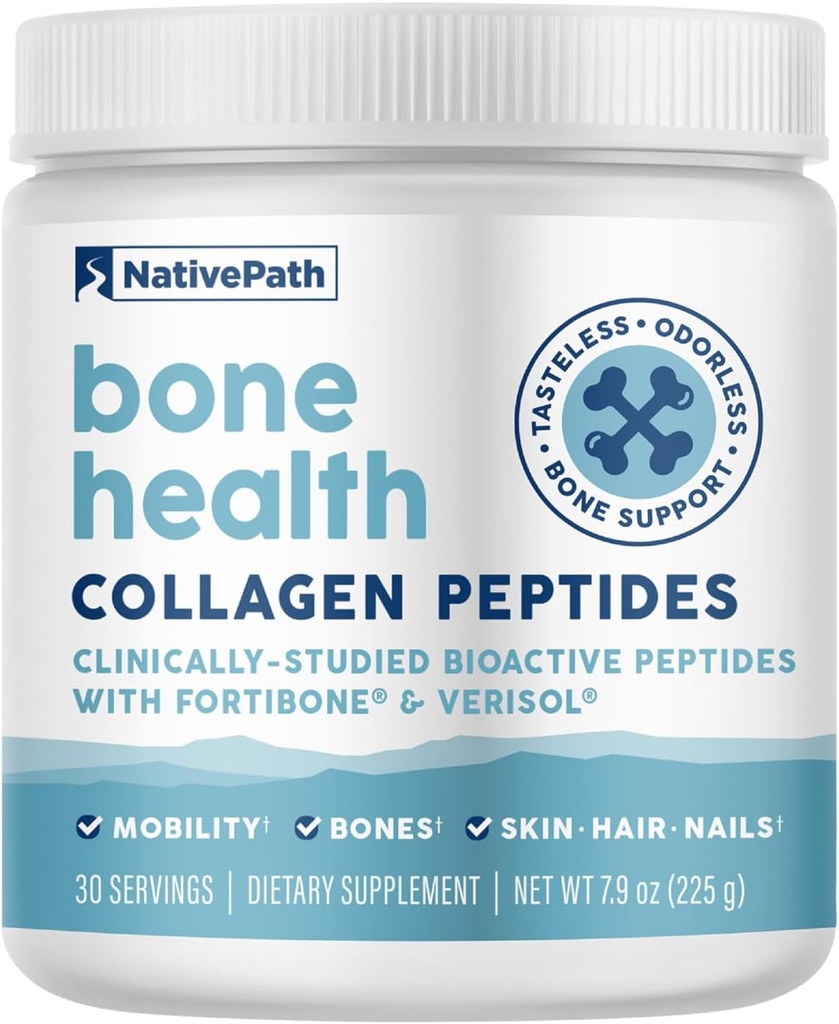 NativePath Bone Health Collagen Peptides, Tipo 1 & 3, con Fortibone y Verisol, 7.9 Ounce, 30 Servimientos