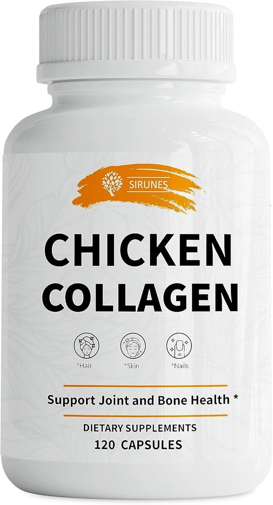 SIRUNES Capsulas de colágeno de pollo - Suplemento Nutricional Tipo II Collagen para Soporte Conjunto, Piel & Bone - Suplementos dietéticos antienvejecimiento con péptidos de colágeno hidrolizado - 120 cápsulas