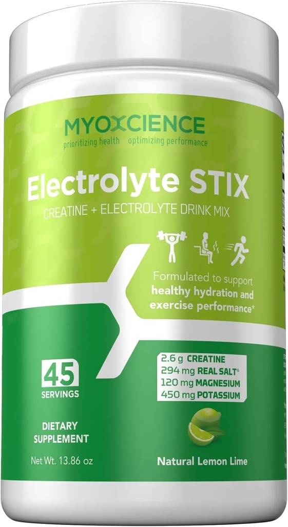 MYOXCIENCE Electrolyte STIX ← Creatine Electrolyte Powder  durable Recuperación desde el ejercicio & desarrollo muscular w / Sal real (Lemon Lime Flavor) (Jar 45 ct)