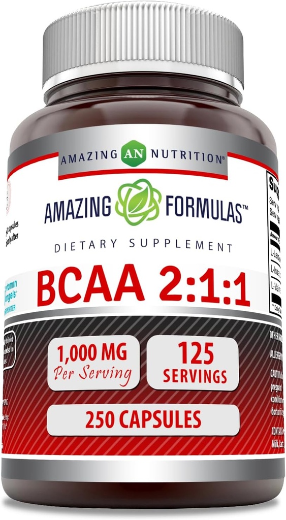 Fórmulas asombrosas BCAA 2:1 1000 Mg Por Serving  250 Capsules Suplemento  Aminoácidos de cadena sustituida ← No Gluten-Free ANTE Made in USA