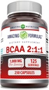 Fórmulas asombrosas BCAA 2:1 1000 Mg Por Serving  250 Capsules Suplemento  Aminoácidos de cadena sustituida ← No Gluten-Free ANTE Made in USA