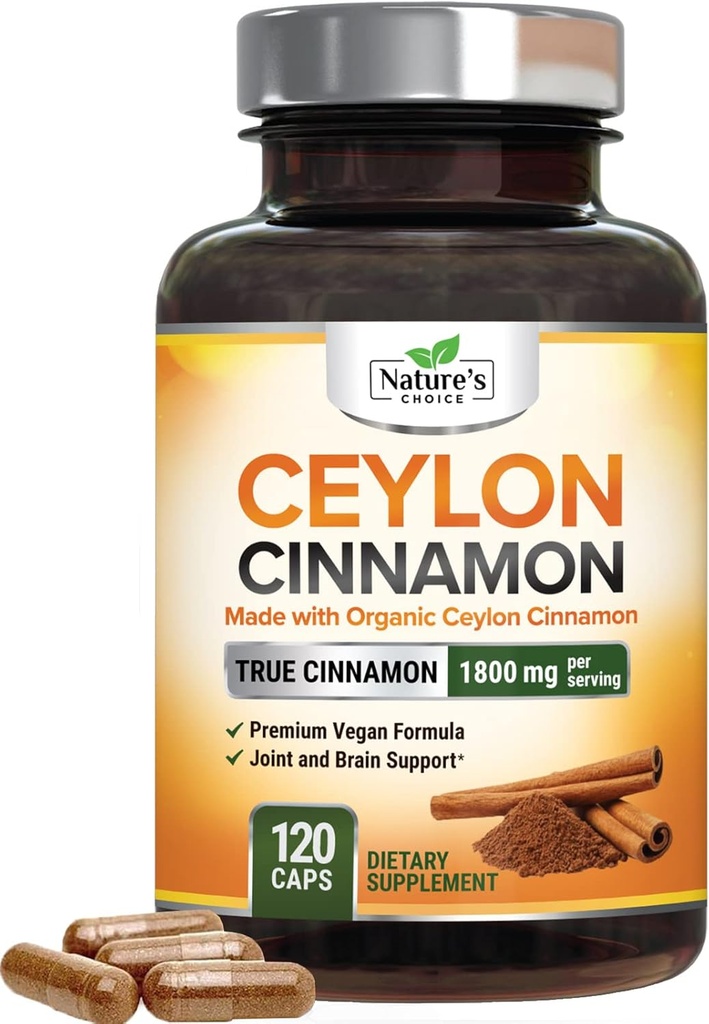 Ceylon Cinnamon Capsules 1800mg - Certified Organic Cinnamon, Bottled in USA, & Pure Extra Strength Ceylon Cinnamon Supplement, Antioxidant Pills, Non-GMO & Gluten Free, Sugar Free - 120 cápsulas