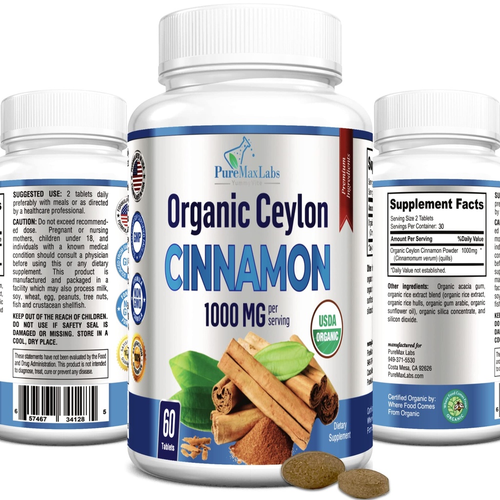 Ceilán orgánico Cinnamon - 1000mg por Serving, Certified Organic True Cinnamon Suplemento, antioxidante, rápida absorción - 60 Tabletas