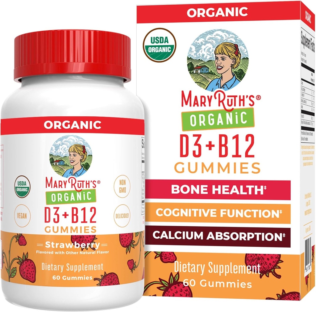 MaryRuth Organics's Vitamin D3 B12 Gummies Silencio USDA Orgánica Silencio 2 Mes de Suministro Silencio Vitamina D & B12 Suplementos de Vitamina para Adultos & Niños Vida Bone Health TEN Healthy Energy Levels ← Non-GMO TEN 60 Servings