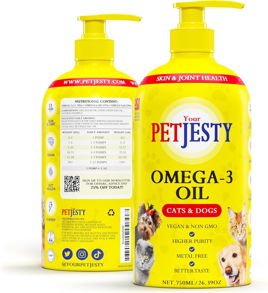 PetJesty Puro Omega 3 Aceite para perros & gatos 26.39oz - Omega 3 piel & carbón Soporte- Alimento líquido para mascotas - mascota vegano + DHA para Función Conjunta, Immune & Corazón Salud, Perro de aceite de pescado no y gato