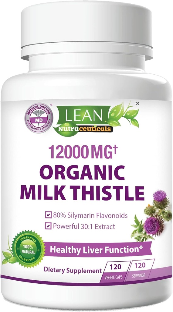 Liver Cleanse Detox " Repair, Organic Milk Thistle 12000 Mg 120 Day Support Supplement, 30X Seed Extract with Silymarin Pills, MD Pure Herbal Kidney Lung Health Fast Active Aid Fórmula 120 Capsules