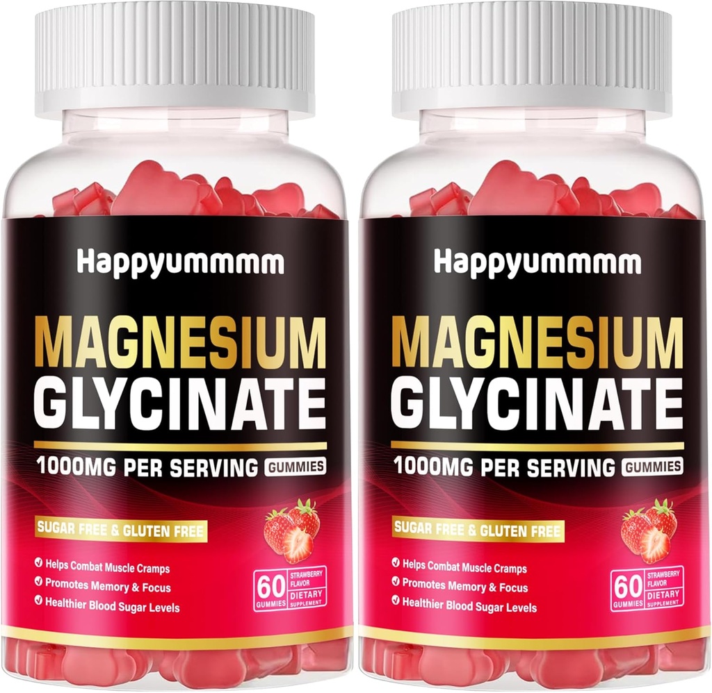 Magnesio Glycinate Gummies 1000mg - Suplemento de Potasio de Magnesio Libre de Azúcar con Vitamina D, B6, CoQ10 para calma Mood & Sleep Support - 120 Gummies de Fresa