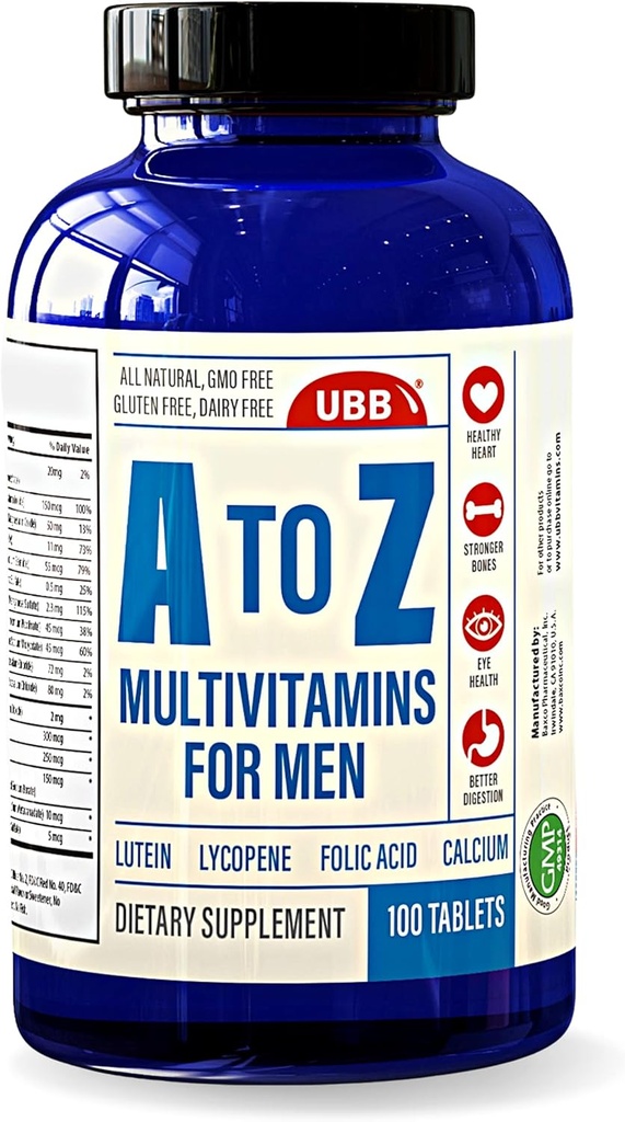 A a Z Suplemento multivitamínico y multimineral para Hombre - 3 Mes de Suministro - Vitaminas A C D E K B1 B2 B6 B12 Magnesio Calcio Biotina Potasio Zinc - Antioxidantes para la salud del corazón & inmunológico (100 Cuenta)