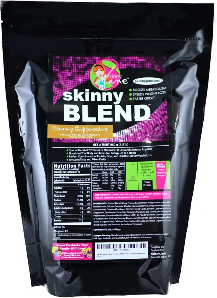 Skinny Blend - High Protein Shake for Women - Low Carb, Keto Friendly Meal Replacement - Hambre Satisfecho, Energía Boost - 30 Shakes - Creamy Cappuccino