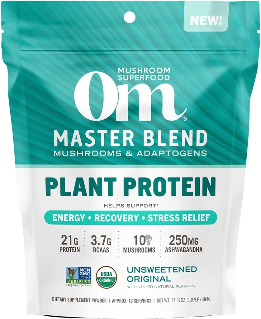 OM MUSHROOM SUPERFOOD Master Blend Mushroom Plant-Based Protein, 16 Servings Unsweetened Original, Unsweetened Plant-Based Protein with 10 Mushrooms & Adaptogens, GLP-1 Support