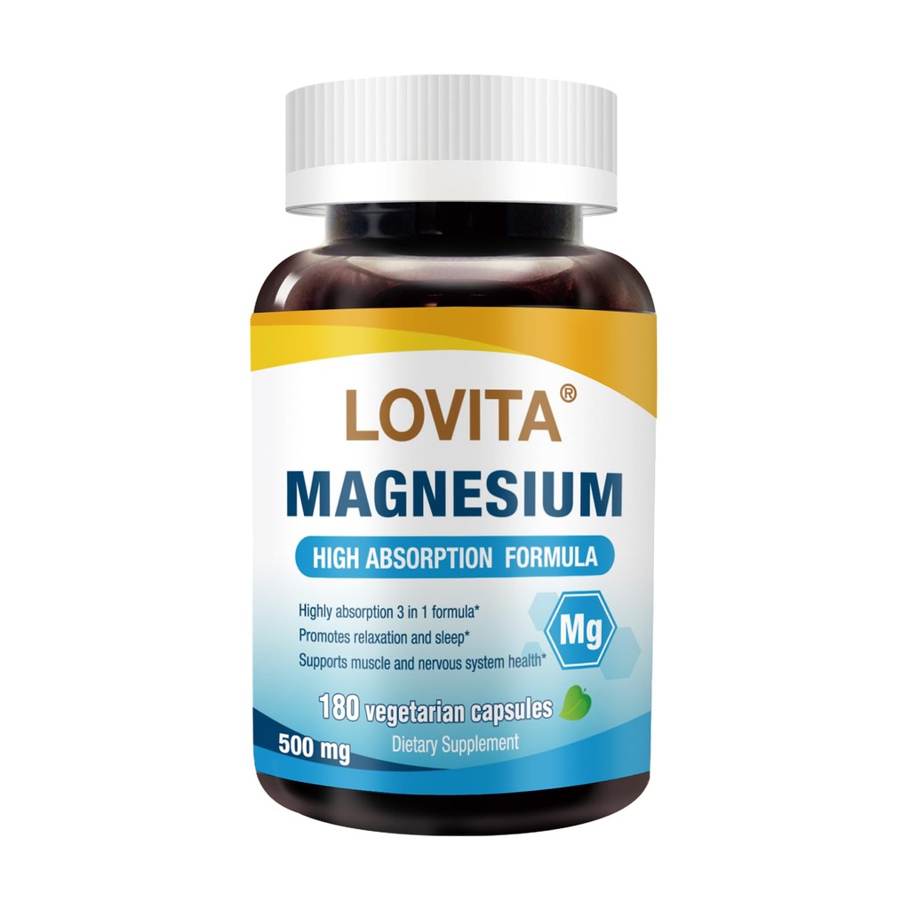 Complejo de Magnesio Triple Lovita 500mg, Fórmula de Alta Absorción y Potencia, Glycinate, Citrate & Oxide, Support Sleep, Relax, Heart, Nerves & Bone Health, 180 cápsulas Vegan