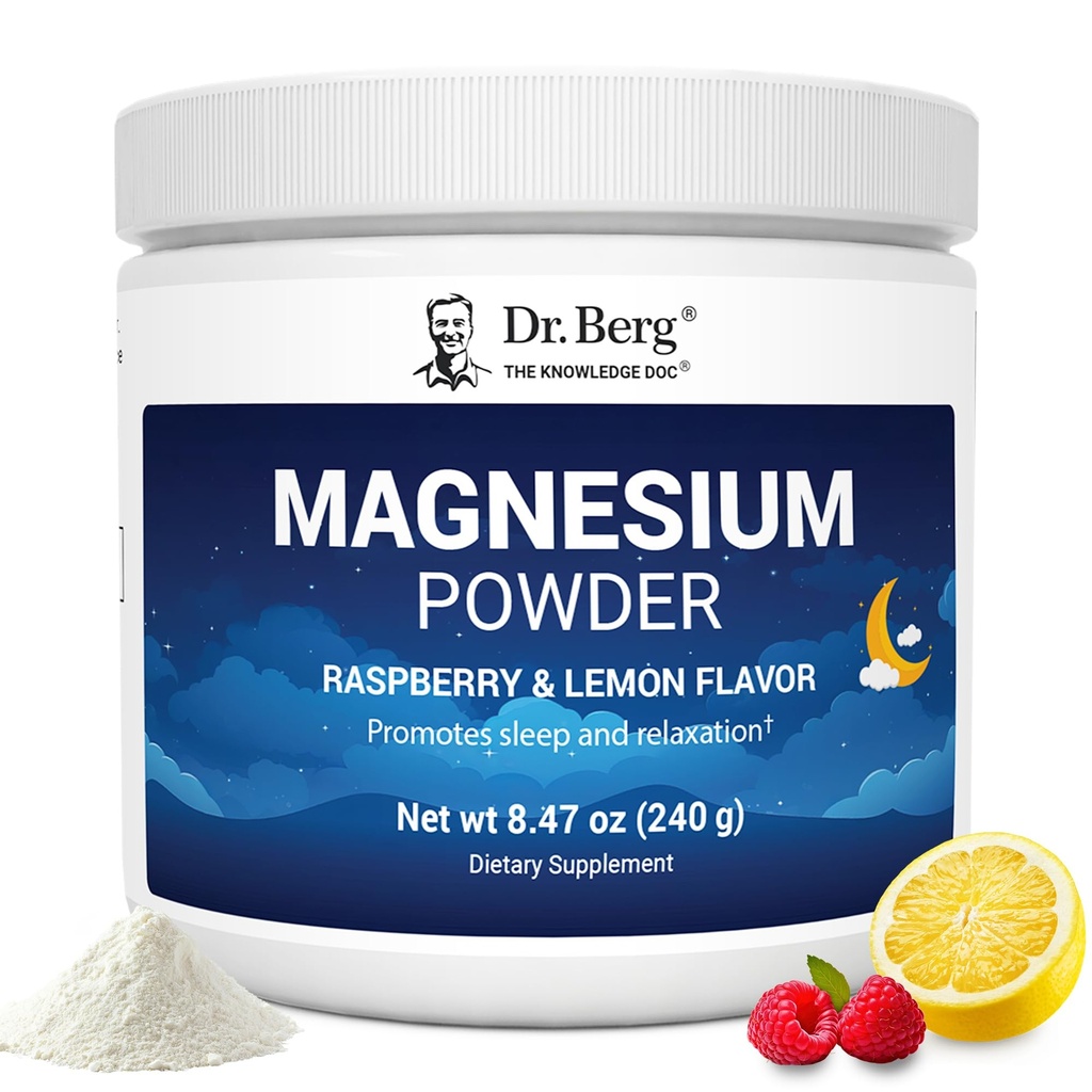 Dr. Berg Magnesium Glycinate Powder for Sleep, Relaxation, & Stress Relief - Ahora Incluye Vitamina D3 &amp; Zinc - Delicious Raspberry & Lemon Flavor (50 Servings) Magnesium Powder - Magnesium Drink Powder
