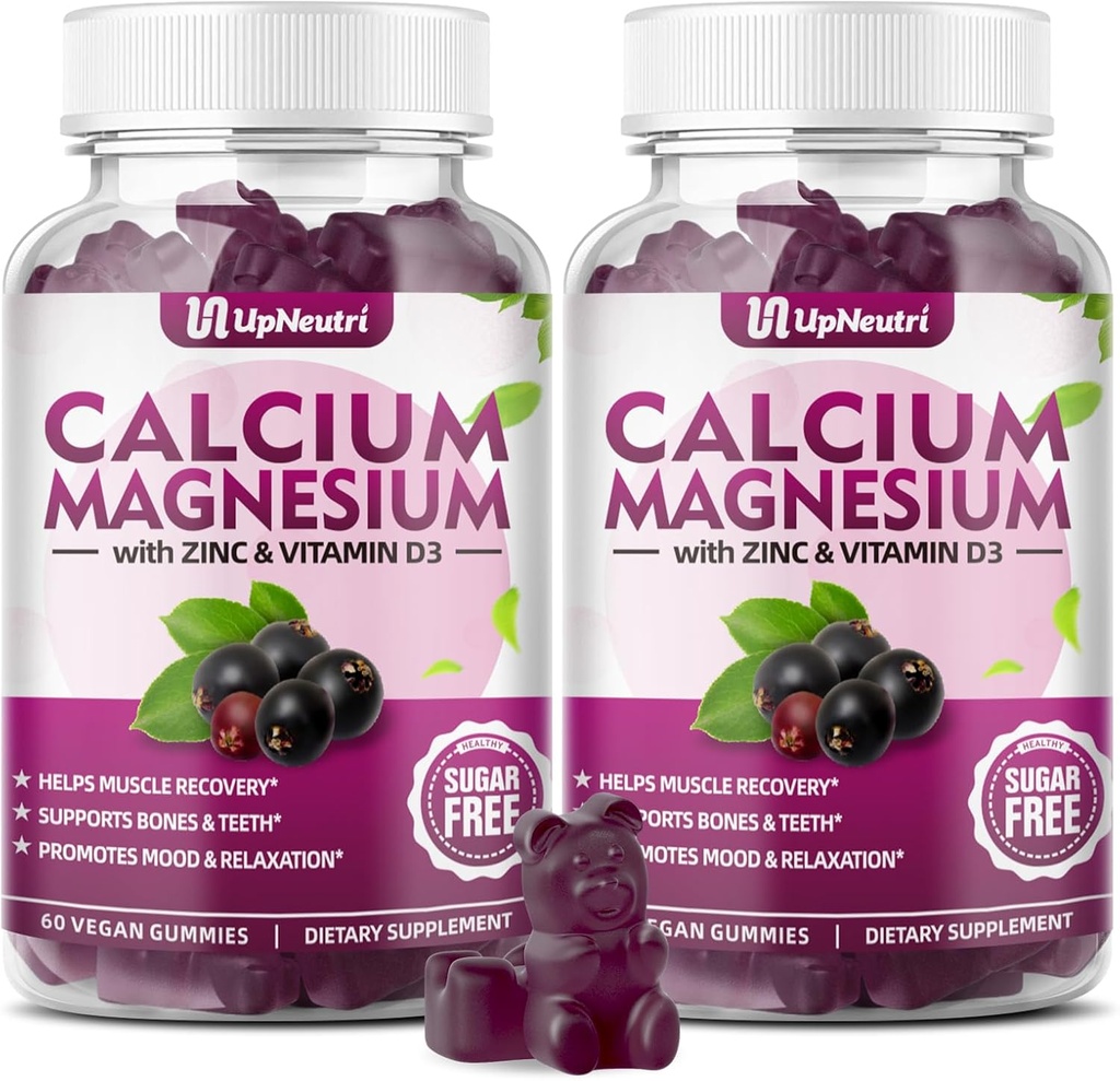 Calcio Magnesio Zinc con Vitamina D3 Suplemento, Azúcar Gummies de Calcio Libre para Mujeres Hombres, Alta Absorción Zinc Gummies para Bone & Muscle & Immune Health, Vegan Elderberry Flavor - 120 Conde