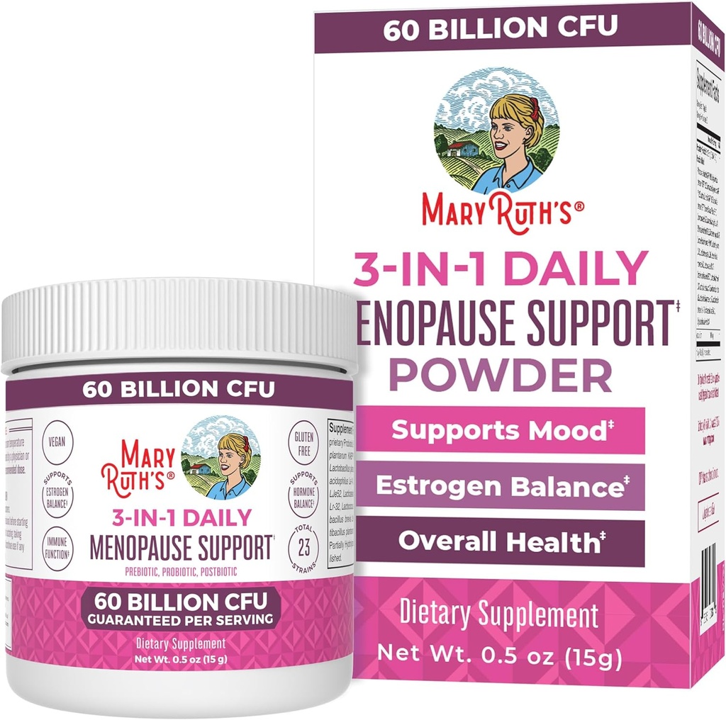 MaryRuth Organics 3-in-1 Menopause Probiotics for Women TEN Tested Clínicamente suplemento para la menopausia para las mujeres TENIDO Apoyo hormonal & Suplemento Estrógeno para las mujeres sometidas 60 Billion CFU ← Allergen Free TEN 0,5 oz
