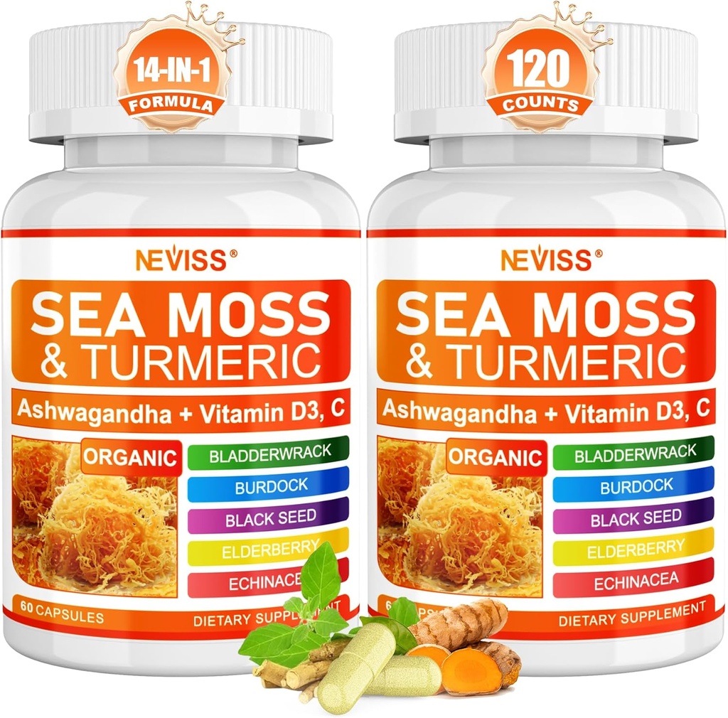 Sea Moss Capsules - Irish Sea Moss con Turmeric Plus Ashwagandha, Black See Oil, Bladderwrack, Burdock Root,Vitamin C & D3, ACV Chlorophyll 120Cts