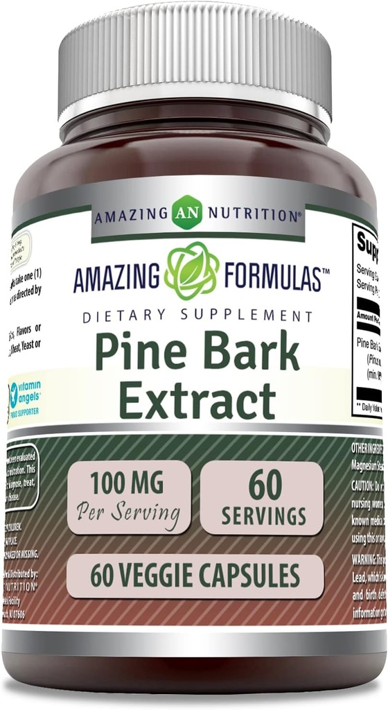 Increíbles fórmulas Pine Bark Extract 100 Mg ← Vegetarian Capsules Suplemento ← No Gluten-Free TEN Non-GMO TEN Gluten-Free TEN 1 Pack Silencio 60 Cuenta