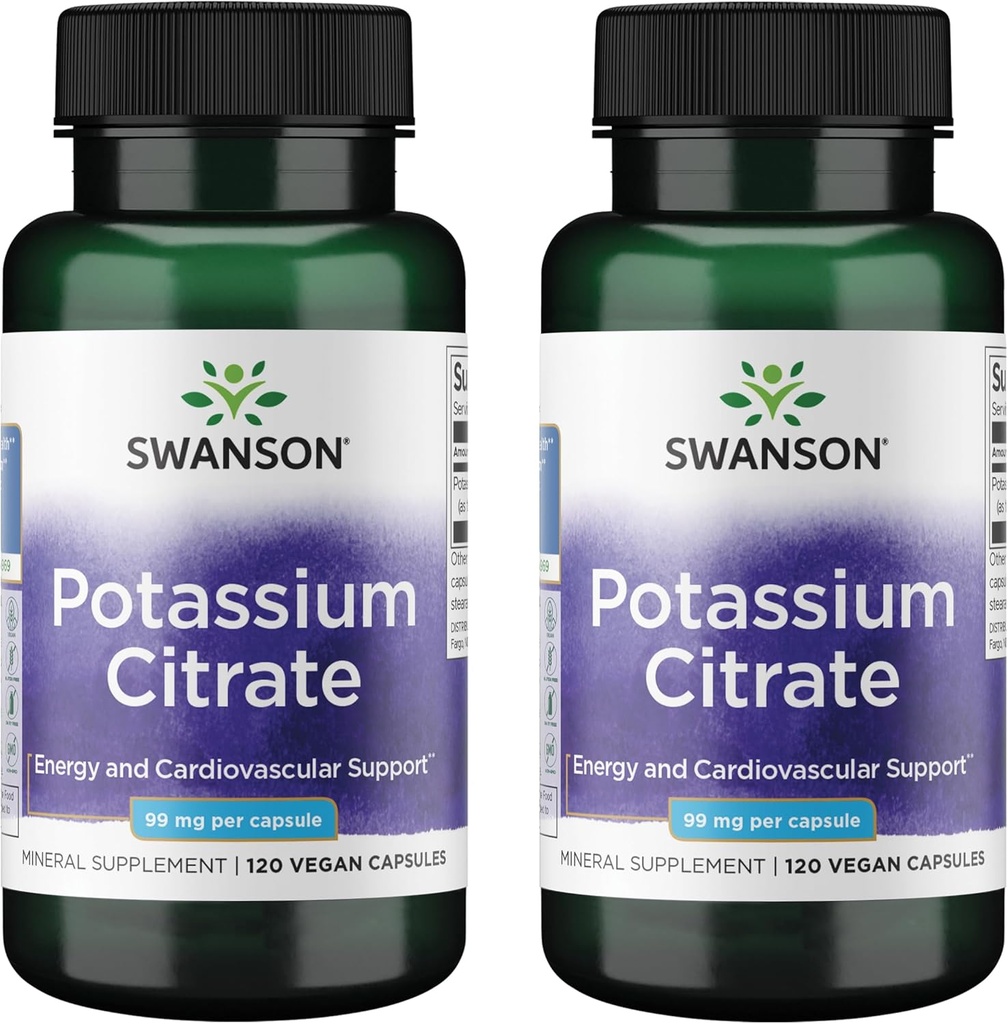 Citrato de Potasio de Swanson - Suplemento Mineral Promoción de la Salud del Corazón y Apoyo Energético - Ayudas Optimal Nerve & Kidney Función con ingredientes naturales - (120 cápsulas, 99 mg cada uno) (2 Pack)