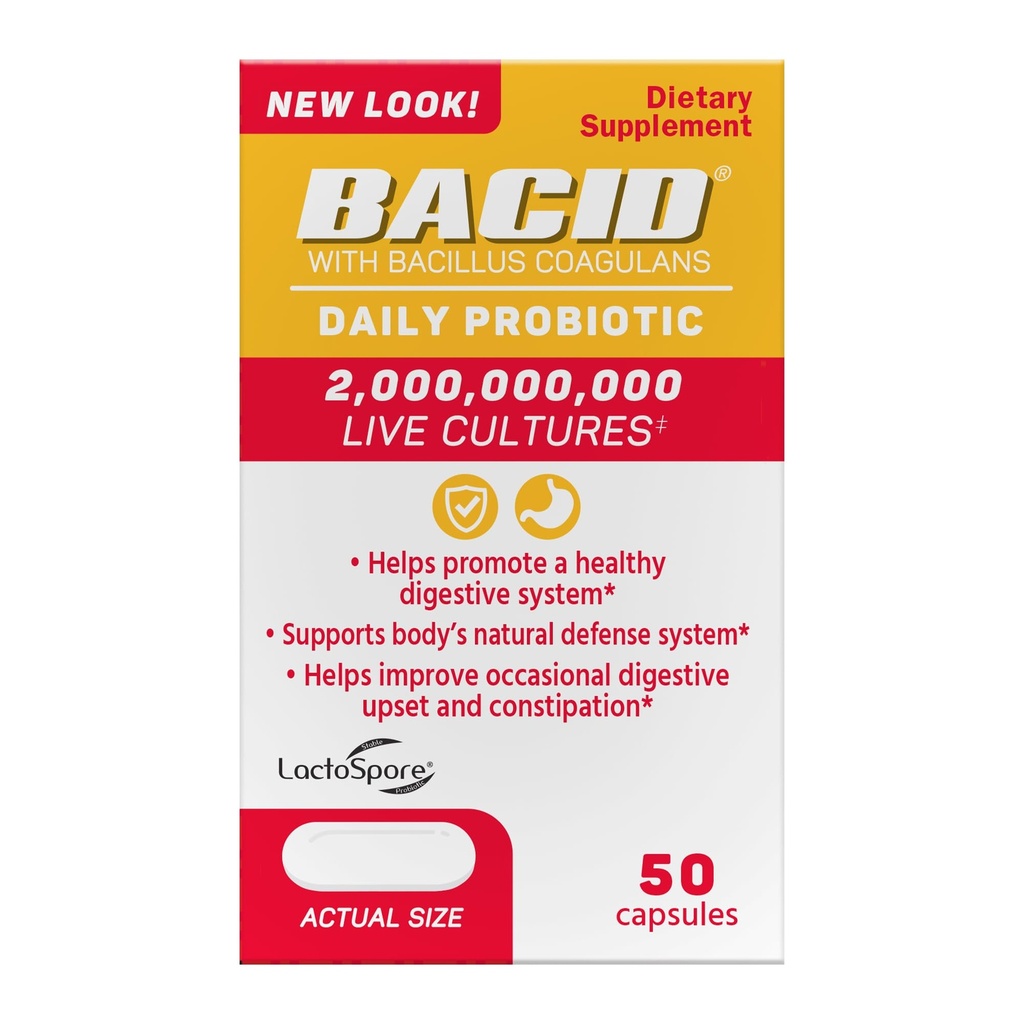 Bacid Daily Probiotic con Bacillus Coagulans, 50 Cuenta, Suplemento de Digestión para mejorar el estreñimiento ocasional
