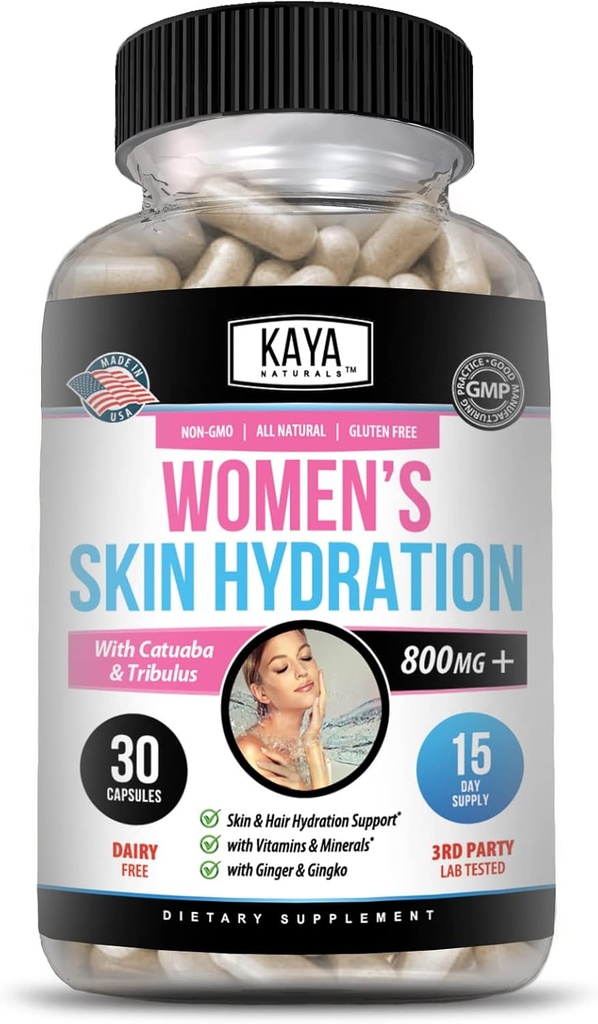 Kaya Naturals Hydration Vitaminas - Pills Mujer - Skin Enhancer Capsules -Hydration Booster for Women - promueve el aumento de la energía, la humedad y la resistencia - reducción de la sequedad - 30 cápsulas vegetales