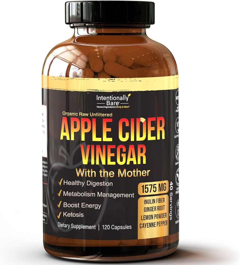 Vinagre de sidra de manzana con cápsulas madre - CAV cápsulas con jengibre, limón, cayena e inulina - Keto Friendly y Gluten libre para la energía, inmunidad y Gut Health - 120 cápsulas