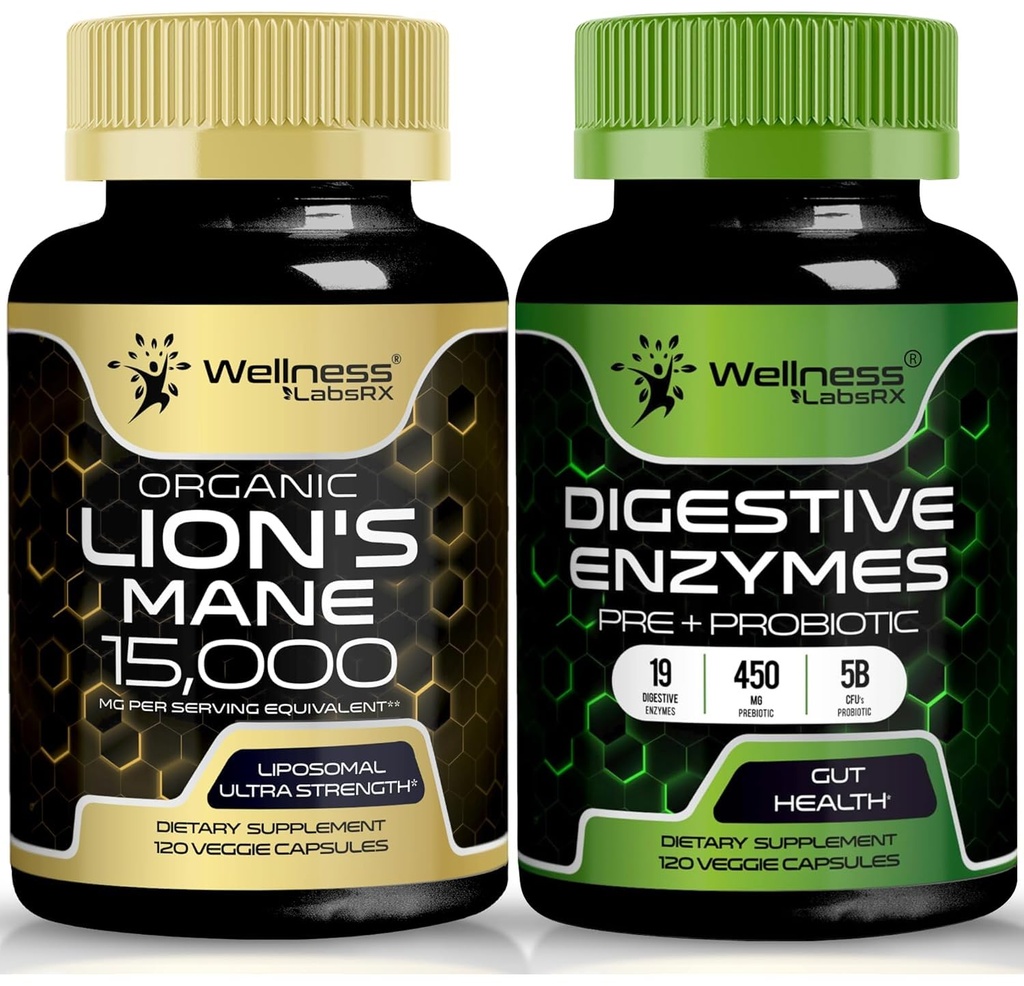 WELLNESS LABSRX Lions Mane Capsules | Digestive Enzymes Capsules | Bundle