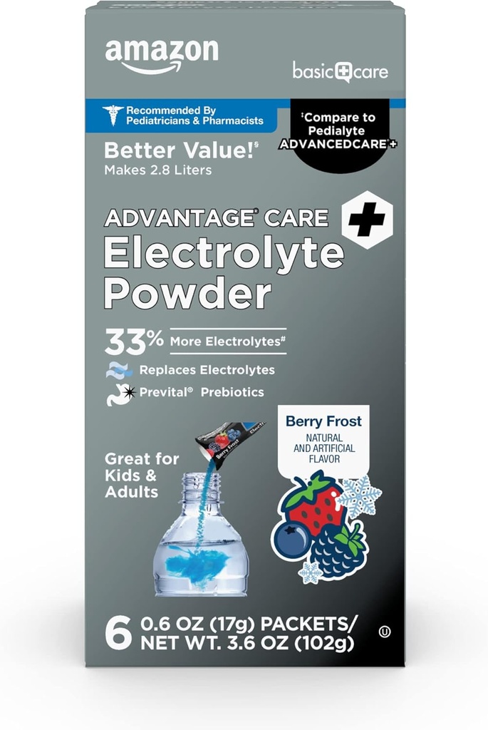 Amazon Basic Care Advantage Care Electrolyte Powder Packets for Rehydration, Berry Frost, 6 Count