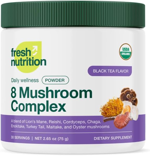 Nutrición fresca Orgánica 8 Mushroom Complex Powder - Lion's Mane, Reishi, Cordyceps, Chaga, Enokitake, Turquía Tail, Maitake y Oyster Mushrooms