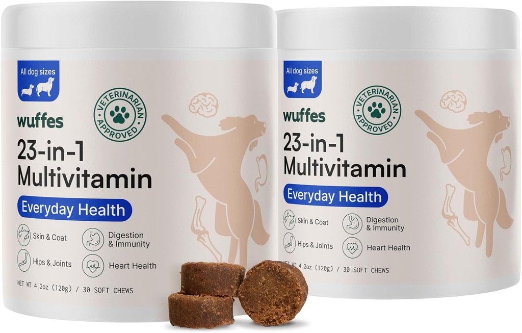 Wuffes 23-in-1 Perro Chewable Multivitamin Suplementos - Perro multivitamínico para pequeñas dimensionesLarge Breed - 2 Pack - 60 Cuenta