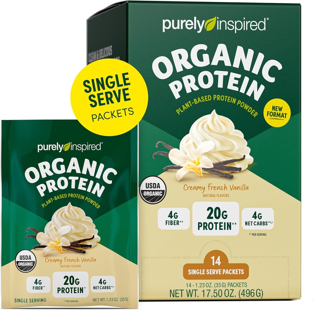 Powder de proteína orgánica puramente inspirada, 14 paquetes de una sola servidumbre, Creamy Vanilla - 20g de polvo de proteínas de base vegetal para smoothies & Shakes - libre de lácteos, no transgénico - para hombres " mujeres