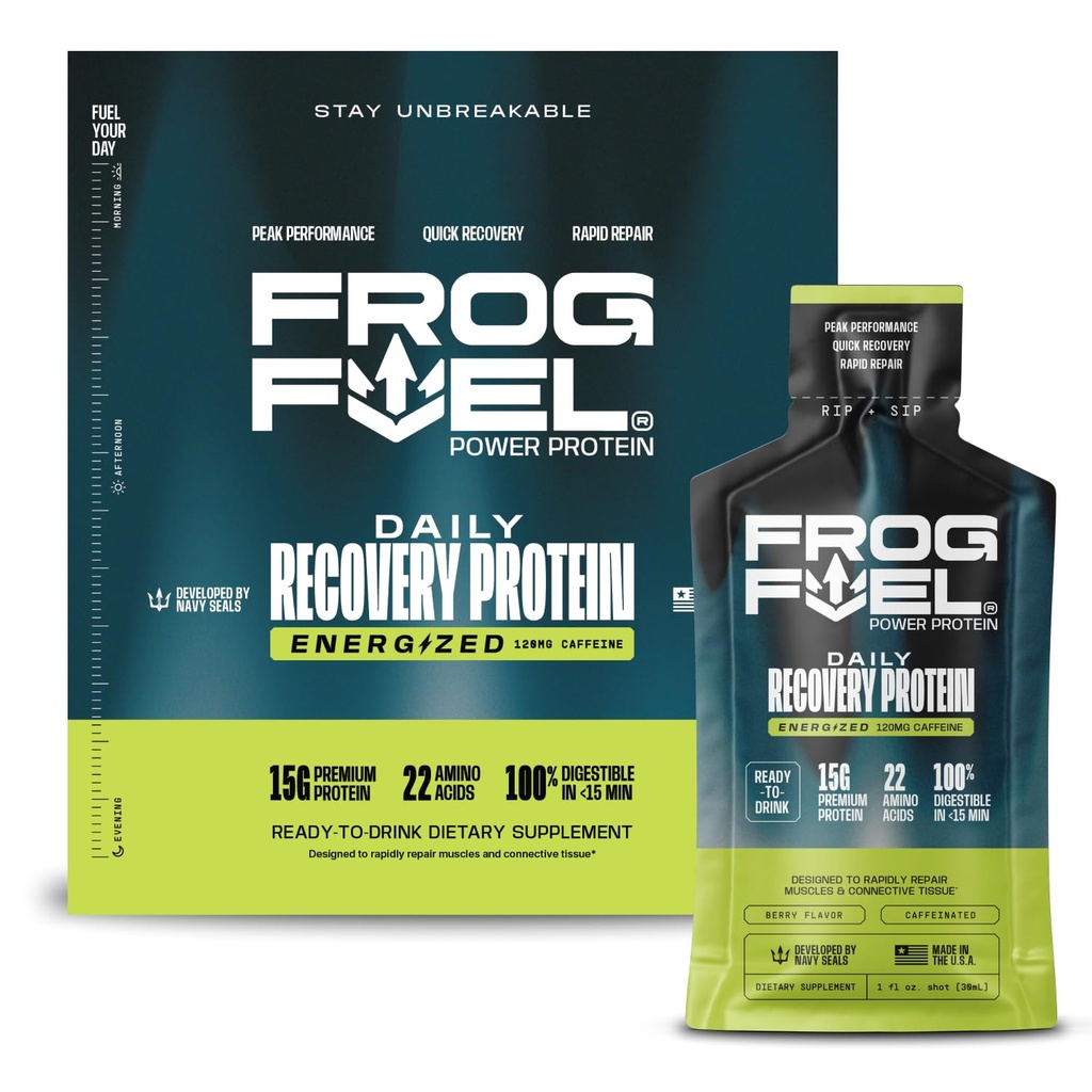 Frog Fuel Power Energized Protein Shot, 15g Protein Nano-Hydrolyzed Grass Fed Collagen, 120mg Caffeine, Fat & Sugar Gratis, 22 Aminoácidos, 0 Carbs, Berry, 1 oz Packets, 24 Pack