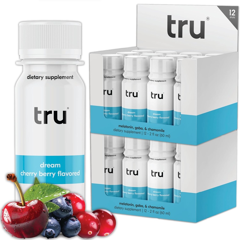 Tru Dream Shot, Cherry Berry Flavored Deep Sleep Aid Shots - Zero Sugar Calm Sleep Drink plus Melatonin, GABA, Chamomile - Caffeine Free, GF, Keto, Natural Flavors, Vegan Supplement, 2oz (Pack of 24)