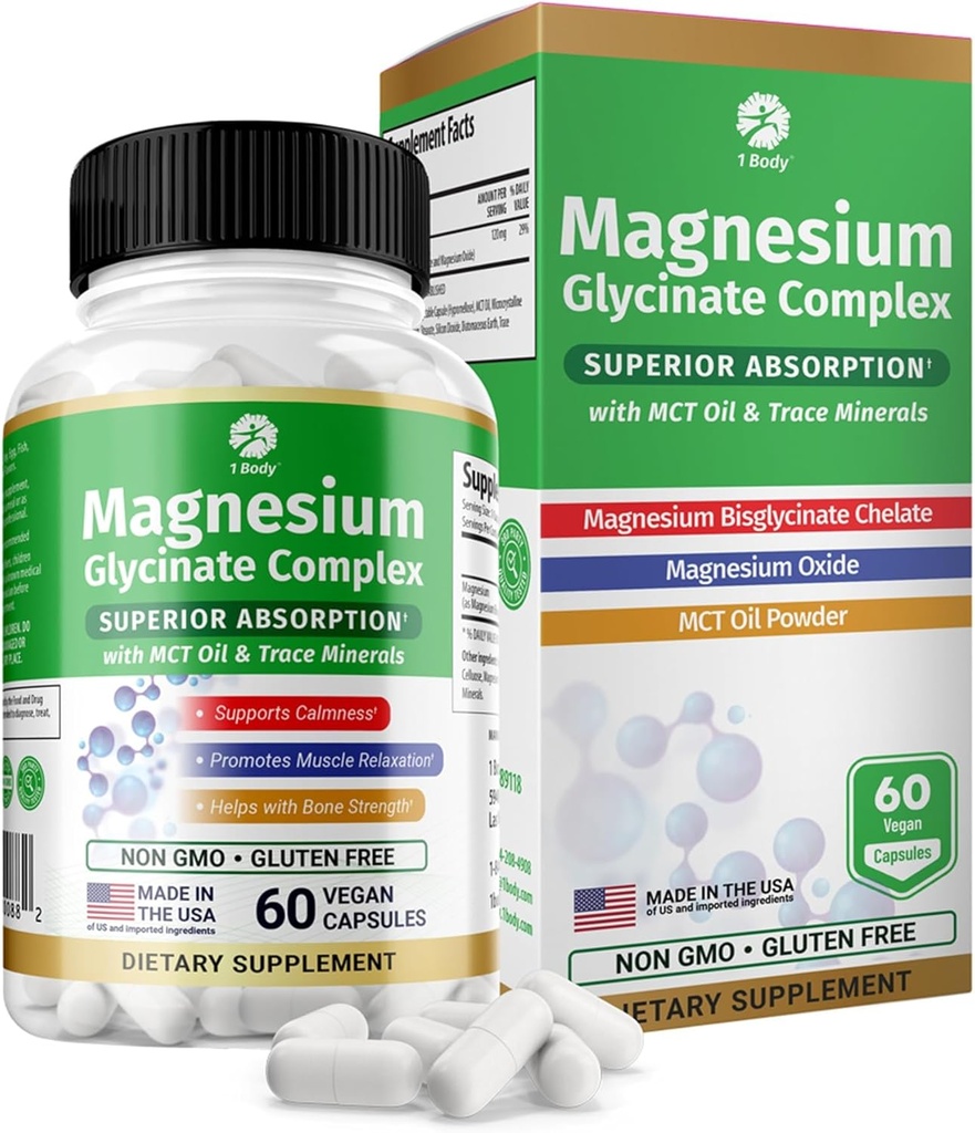 1 Complejo Glycinate de Magnesio Corporal, Suplemento de Magnesio de Alta Absorción para Calma, Relajación Muscular & Bone Health Support, Vegan con MCT Oil & Trace Minerals, Non-GMO, 60 cápsulas