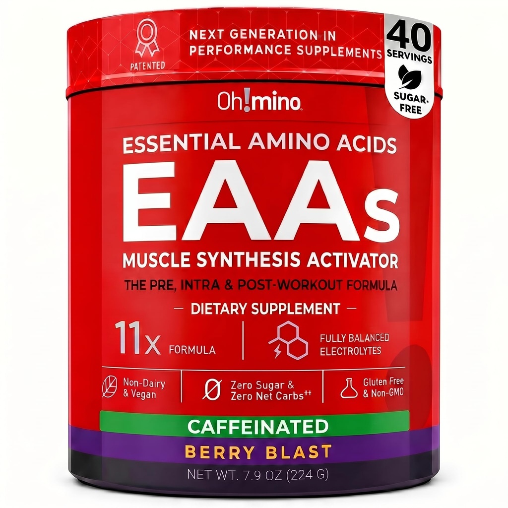 Suplemento de aminoácidos esenciales Oh!mino. Berry Blast, Caffeinated Powder. Los 9 EAAs, BCAAs y el Amino perfecto para los entrenamientos, Amino Energy, y para construir músculo, y recuperar más rápido.