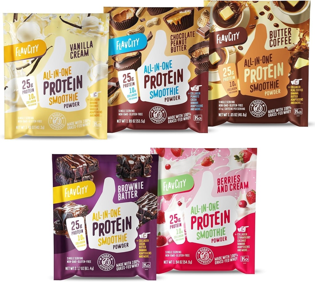 FlavCity Grass Fed Whey Protein Powder - Variety Pack - 25g Protein & 10g Collagen - 5 paquetes de servicio único - Hecho con Cordyceps orgánicos - Gluten libre & No Añadido Azúcares