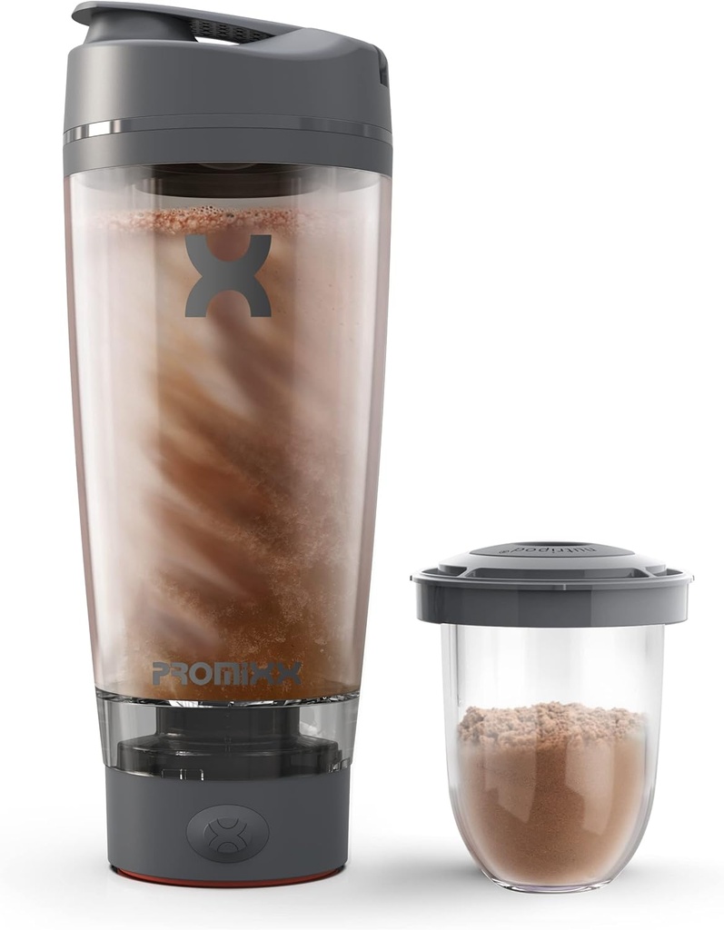 Promixx Pro Shaker Bottle ← Recargable, Potente para Smooth Protein Shakes Silencio incluye Almacenamiento Suplemento - Copa de 20 oz de BPA gratis (Graphite Gray)