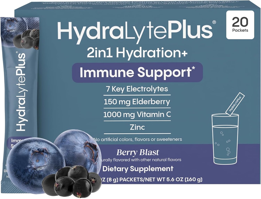 Hidralyte Electrolytes Plus Immunity, Elderberry - Polvo de Rehidratación Rápida de bajo azúcar - Ligeramente Sparkling Electrolyte Powder Packets con 1000 mg de vitamina C y 300 mg Elderberry (8oz Serve, 20 Conde)