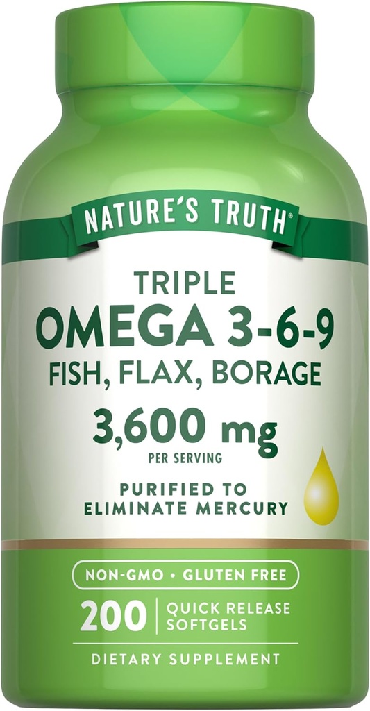 La verdad de la naturaleza Triple Omega 3 6 9 TENIDO 3600mg ANTE 200 Softgels TENIDO Fish, Flax, y Borage Oils ← Non-GMO & Gluten Free Supplement