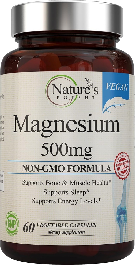 Suplementos de magnesio de la naturaleza Ø Citrato de magnesio & óxido de magnesio 500mg ← Suplemento de Magnesio Vegano para Mujeres y Hombres Magnesio hecho para el soporte para dormir - 60 cápsulas vegetarianas