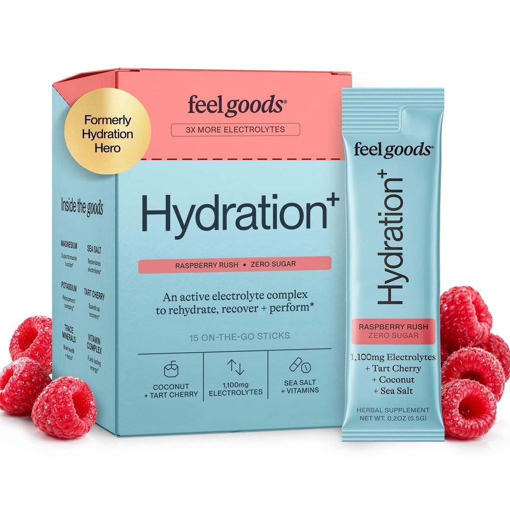 Siente los bienes Hidratación Héroe, 1000 mg Electrolitos Polvo, Azúcar Libre, Magnesio, Aloe Ecológico Vera, L Theanine, Vitamina C & B12, Keto, Vegan, Packets Electrolito, Fresa Azul, 15 Conde