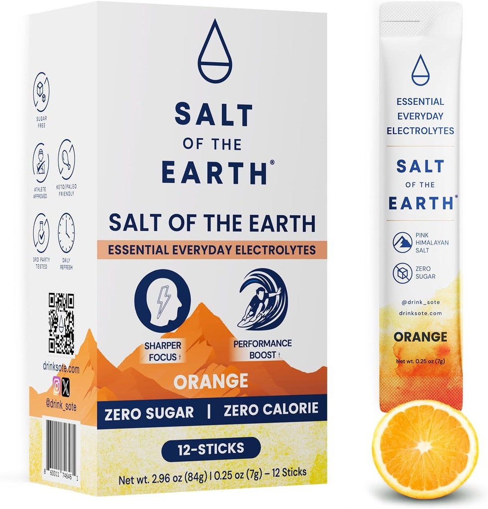 Salt of the Earth Premium Zero-Sugar Electrolyte - Hecho con Himalaya Rosa Salt - Hydration Powder Packets ← Ingredientes Premium TENER Keto & Paleo Friendly TEN 12 Sticks, Orange