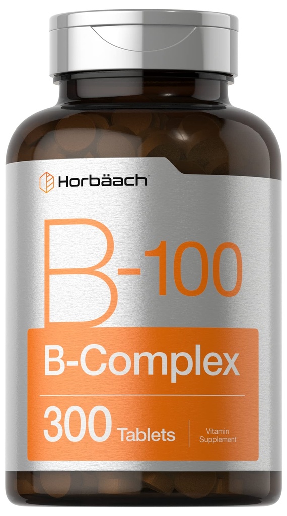 Horbäach Vitamina B-100 Complejo TENIDO 100% del Valor Diario TEN 300 Tablets TEN VÍgetariano, No GMO, y Gluten Suplemento Gratis