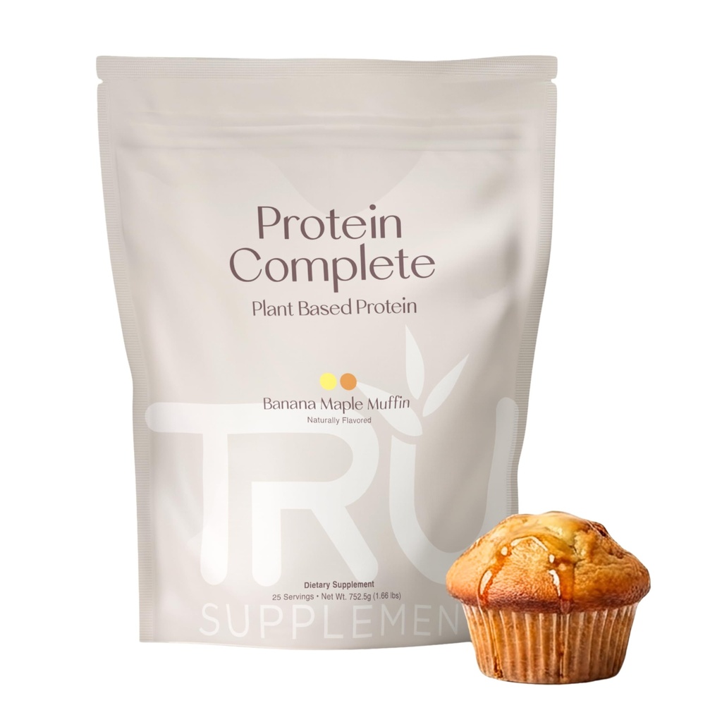 TRU Suplementos Pólvora de proteínas de base vegetal, BCAA, EAA, 20g Arroz de marrón vegano &amp; Pea Proteína, 100 Calories, 27 Vitaminas, Sin sabores artificiales 25 Actuaciones (Banana Maple Muffin)