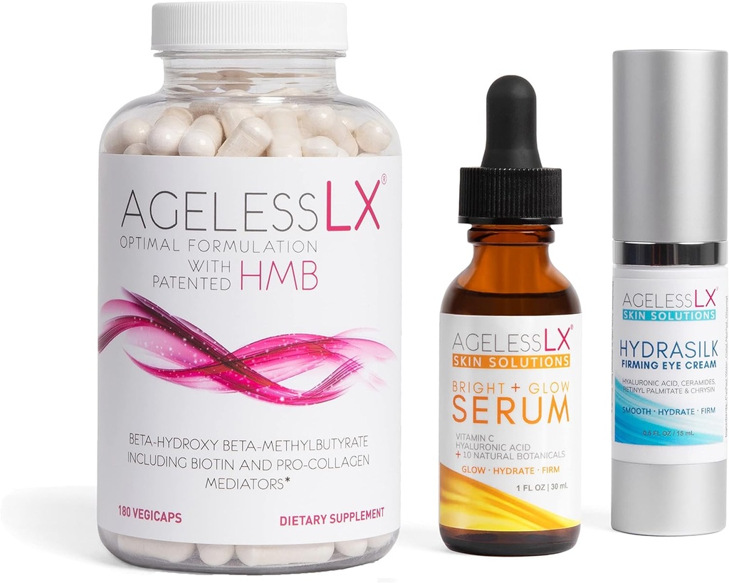 Cápsula de suplemento para mujeres con HMB + Crema de ojos de hidrasilk 0.5 OZ + Brillante cara suero 1 Fl OZ para mujeres