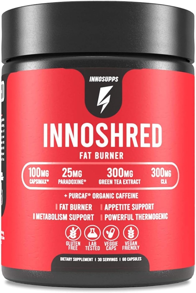 Inno Shred Fat Burner for Hombres and Women with 100mg Capsimax, Grains of Paradise, Organic Caffeine, Green Tea Extract, Appetite Suppressant, Weight Pérdida (60 Veggie Capsules)