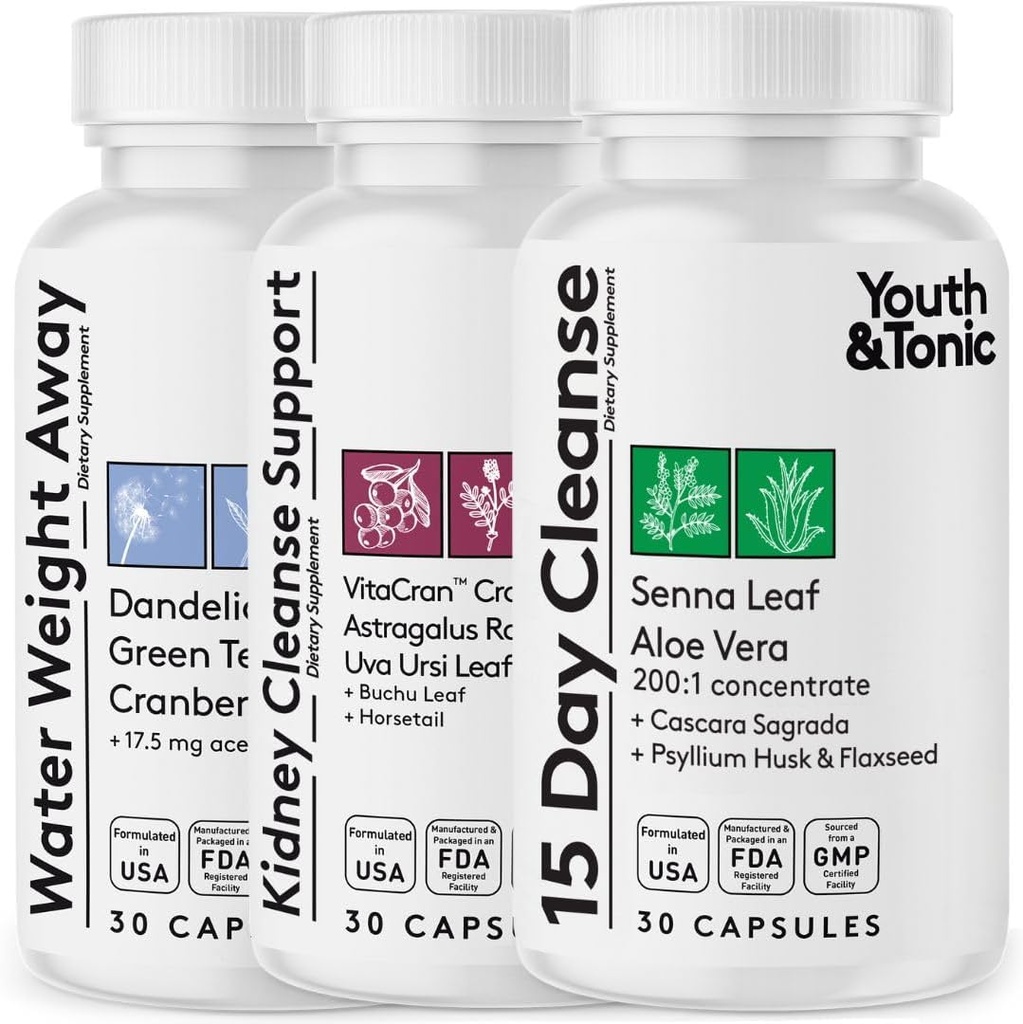 Youth ' Tonic Soporte completo de desintoxicación multiorgan – 15 días limpiador de colon " Gut Detox, saneamiento de los riñones, equilibrio de agua " salud del hígado, 90 pastillas para mujeres y hombres
