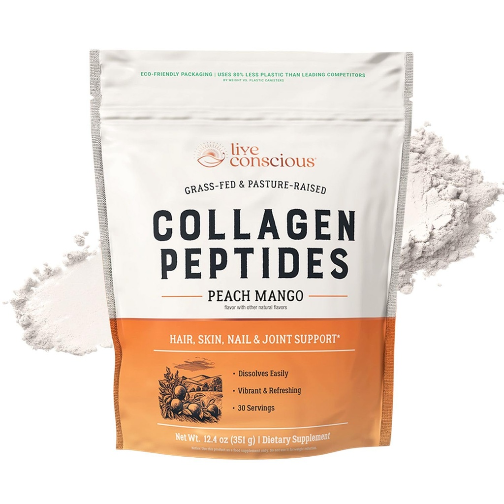 Live Conscious Collagen Peptides Powder - Peach Mango Flavored Collagen Powder - Hair, Skin, Nail, & Joint Support - Type I & III Grass-Fed Collagen Supplements for Women and Men - 30 Servings - 13oz